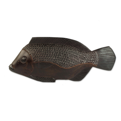 Wood sculpture, 'African Fish' - Original Hand Carved Wood Fish Sculpture
