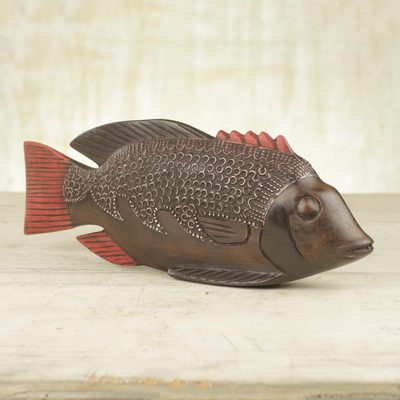 Wood sculpture, 'Ga Redfish' - Unique African Wood Sculpture