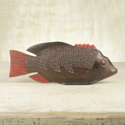 Wood sculpture, 'Ga Redfish' - Unique African Wood Sculpture