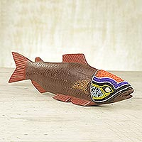Beaded wood sculpture, 'Tribal Salmon' - Hand Carved Ghanaian Animal Themed Sese Wood Sculpture