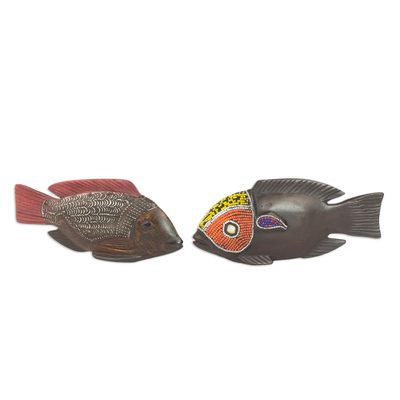 Beaded wood sculptures, 'African Tilapia Fish' (pair) - Beaded Wood Sculptures (Pair)