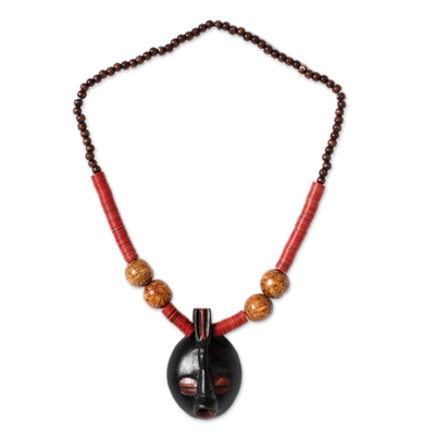 Wood pendant necklace, 'Ohemaa' - African Wood Beaded Pendant Necklace