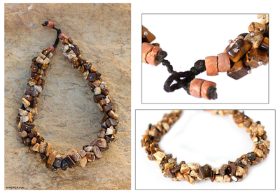 Agate and tiger's eye beaded necklace, 'Beautiful Life' - Unique Bauxite and Tiger's Eye Beaded Necklace