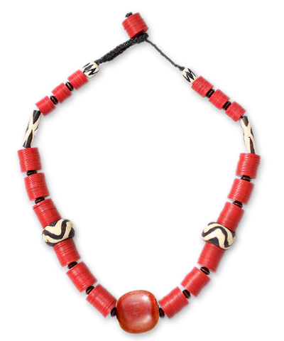 Bone and resin beaded necklace, 'Nhyira' - Bone and Resin Beaded Necklace