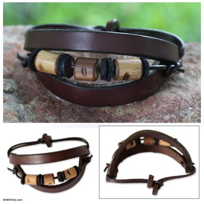 Men's leather wristband bracelet, 'Double Up' - Men's Handcrafted Leather and Bamboo Wristband Bracelet