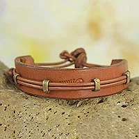 Men's leather wristband bracelet, 'Stand Alone in Tan' - Men's Hand Crafted Leather Wristband Bracelet from Africa