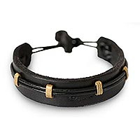 Men's leather wristband bracelet, 'Stand Alone in Black'