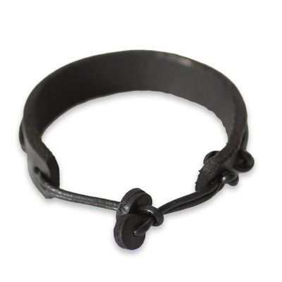 Men's leather wristband bracelet, 'Stand Alone in Black' - Men's Leather Wristband Bracelet