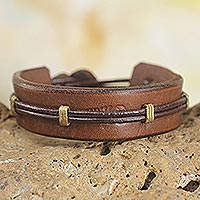 Men's leather wristband bracelet, 'Stand Alone in Brown'