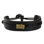 Men's leather wristband bracelet, 'Stand Together in Black' - Men's Leather Wristband Bracelet