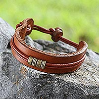 Men's leather wristband bracelet, 'Stand Together in Tan'