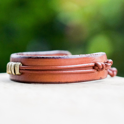 Men's leather wristband bracelet, 'Stand Together in Tan' - Men's African Leather Wristband Bracelet
