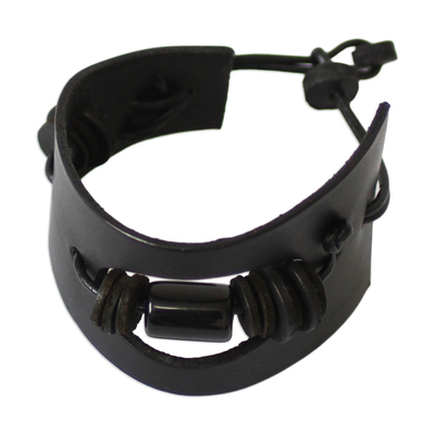 Men's leather and bull wristband bracelet, 'Cut Away in Black' - Men's Horn and Leather Wristband Bracelet