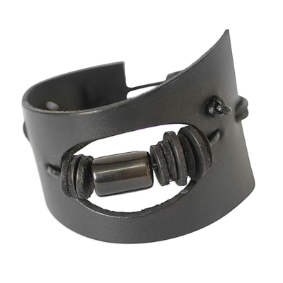 Men's leather and bull wristband bracelet, 'Cut Away in Black' - Men's Horn and Leather Wristband Bracelet