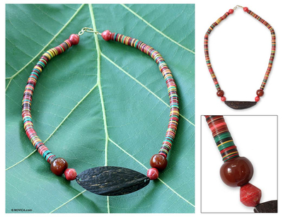Coconut shell and horn beaded necklace, 'Rainbow Delight' - Unique Coconut Shell Beaded Necklace