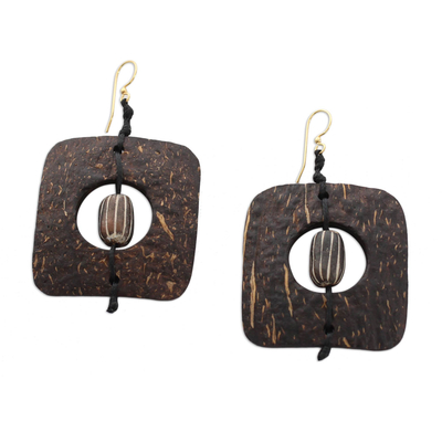 Coconut shell and terracotta dangle earrings, 'Medieval Nature' - Unique Coconut Shell Dangle Earrings