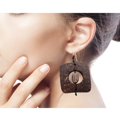 Coconut shell and terracotta dangle earrings, 'Medieval Nature' - Unique Coconut Shell Dangle Earrings