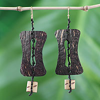 Coconut shell and bamboo dangle earrings, 'Medieval Nature' - Handmade Coconut Shell Dangle Earrings