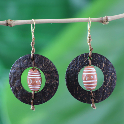 Coconut shell and terracotta dangle earrings, 'Medieval Hoops' - Handmade African Coconut Shell Dangle Earrings