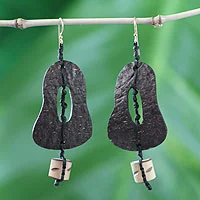 Coconut shell and bamboo dangle earrings, 'Medieval Bells' - Coconut shell and bamboo dangle earrings