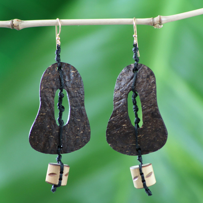 Coconut shell and bamboo dangle earrings, 'Medieval Bells' - Coconut shell and bamboo dangle earrings