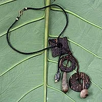 Coconut shell and soapstone Y-necklace, 'Eclectic'