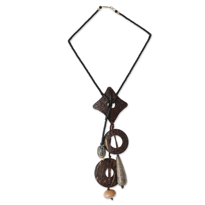 Coconut shell and soapstone Y-necklace, 'Eclectic' - Coconut shell and soapstone Y-necklace