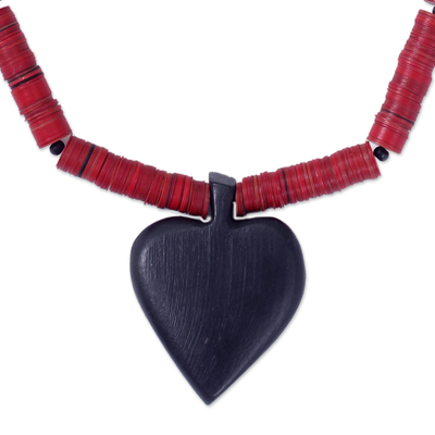 Wood heart necklace, 'Odehye' - Hand Crafted Recycled Bead and Wood Heart Necklace