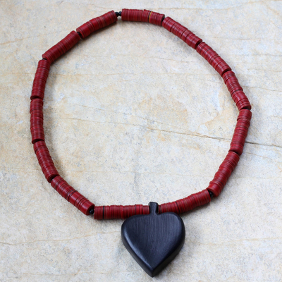 Wood heart necklace, 'Odehye' - Hand Crafted Recycled Bead and Wood Heart Necklace