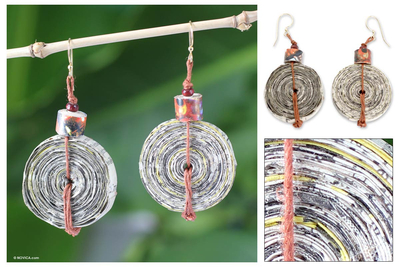 Recycled paper dangle earrings, 'News Hour' - Recycled Paper Dangle Earrings from Africa