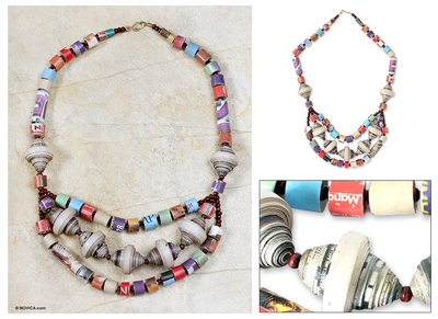 Recycled paper waterfall necklace, 'Unity' - Eco Friendly Recycled Paper Necklace from Africa