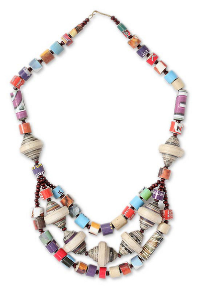 Recycled paper waterfall necklace, 'Unity' - Eco Friendly Recycled Paper Necklace from Africa
