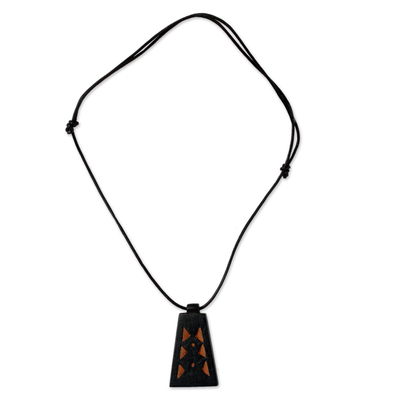 Men's teak wood pendant necklace, 'Between Pyramids' - Men's Hand Crafted Leather and Wood Pendant Necklace