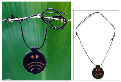 Men's teak wood pendant necklace, 'Onyame Aniwa' - Men's Wood Pendant Necklace
