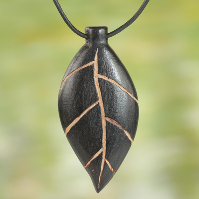 Teak wood pendant necklace, 'Plants Are Life' - Unique Teak Wood Leaf Pendant Necklace