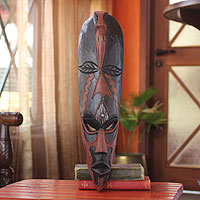 African wood mask, 'Kato' - West African Harvest Festival Wood Mask with Bird