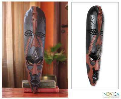 African wood mask, 'Kato' - West African Harvest Festival Wood Mask with Bird