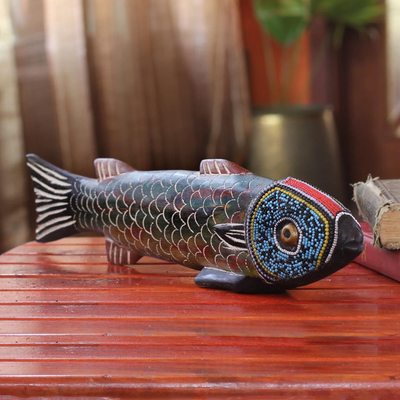 Wood sculpture, 'Amulie' - Unique Wood Fish Sculpture