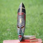African wood mask, 'Ghanaian Protector' - Brass and Copper Inlay Artisan Carved African Mask