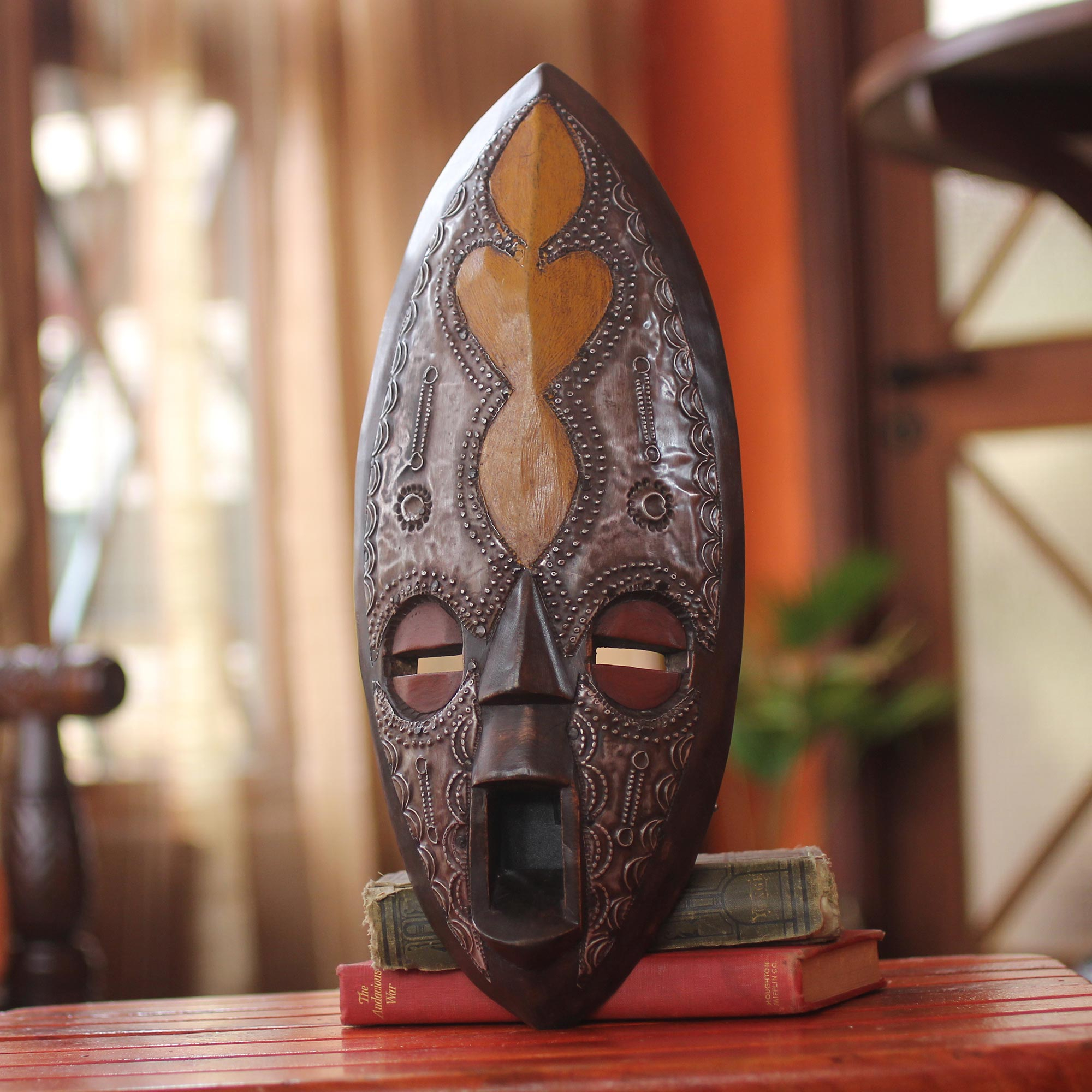 NOVICA Hand Carved Brown Wood Ghanaian Wall Mask with Aluminum Accents Mbara Hunter