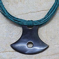 Horn and leather necklace, 'Laraba' - Leather and Horn Pendant Necklace