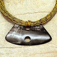 Horn and leather necklace, 'Talatu' - Hand Crafted Horn and Leather Pendant Necklace