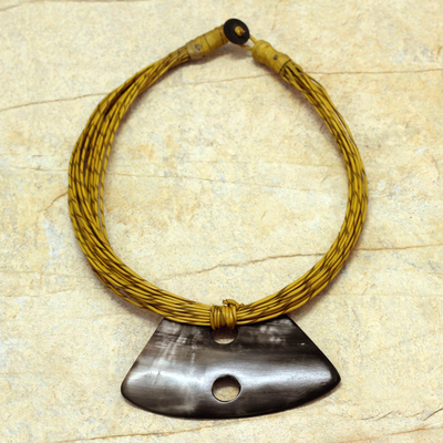 Horn and leather necklace, 'Talatu' - Hand Crafted Horn and Leather Pendant Necklace