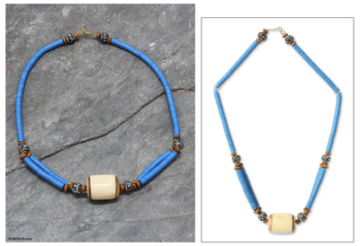 Bone and ceramic beaded necklace, 'Laafi' - Bone and Recycled Beaded Necklace