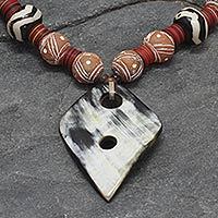 Horn and ceramic pendant necklace, 'Pogyanga' - Horn and Ceramic Beaded Necklace