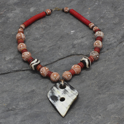 Horn and ceramic pendant necklace, 'Pogyanga' - Horn and Ceramic Beaded Necklace