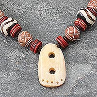 Wood and ceramic pendant necklace, 'African Goddess' - Handmade Ceramic Pendant Necklace
