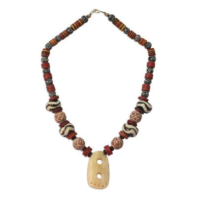 Wood and ceramic pendant necklace, 'African Goddess' - Handmade Ceramic Pendant Necklace