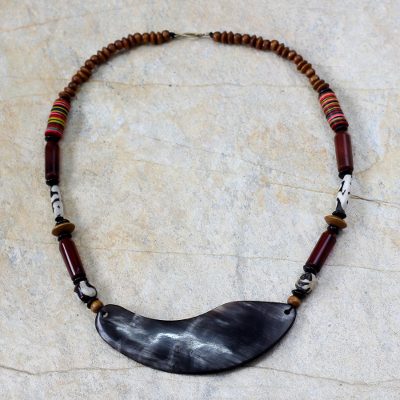 Agate and wood pendant necklace, 'Bountiful Harvest' - Artisan Crafted Horn and Wood Pendant Necklace