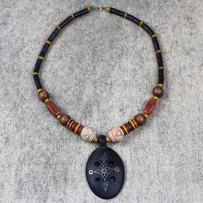 Agate and ebony pendant necklace, 'Mossi Womanhood' - Handcrafted African Wood and Agate Necklace